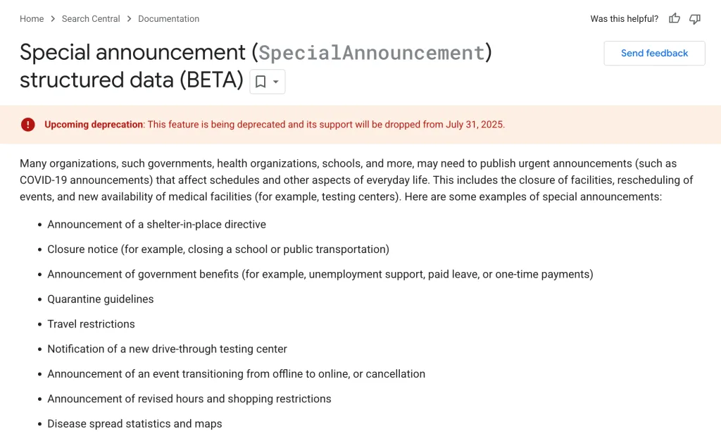 Google Descontinua Suporte aos Dados Estruturados de Comunicados Especiais 2 special announcement sd deprecation - Muvi